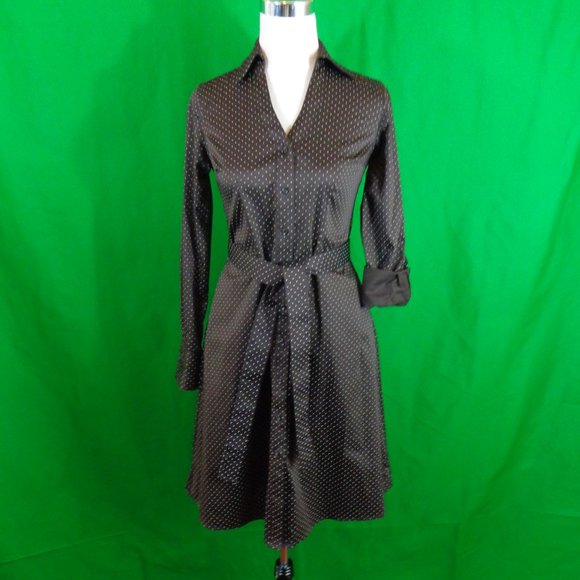 Brown White Polka Dot Print Shirt dress sz 2 - Picture 2 of 4